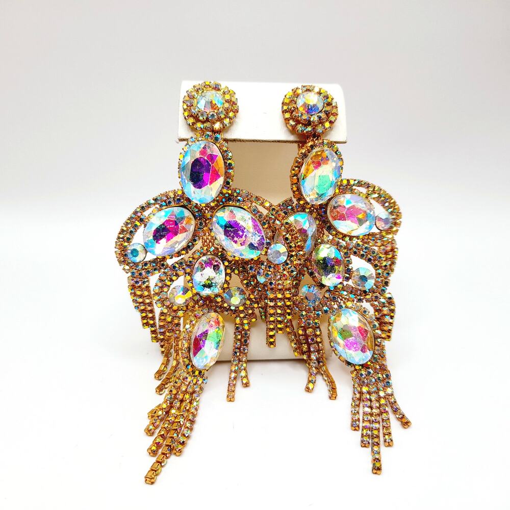 Runway Aurora Borealis Rhinestone Earrings Gold Tone Long Clip On Statement